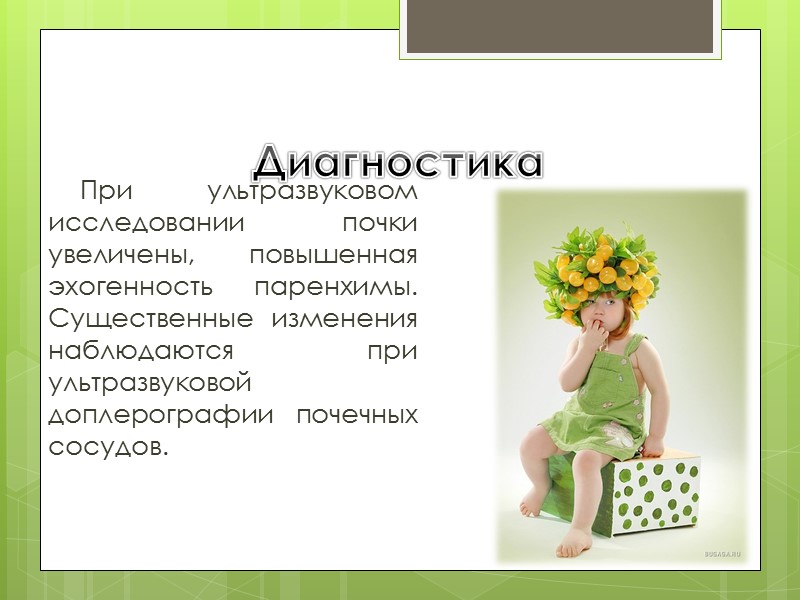 Диагностика При ультразвуковом исследовании почки увеличены, повышенная эхогенность паренхимы. Существенные изменения наблюдаются при ультразвуковой